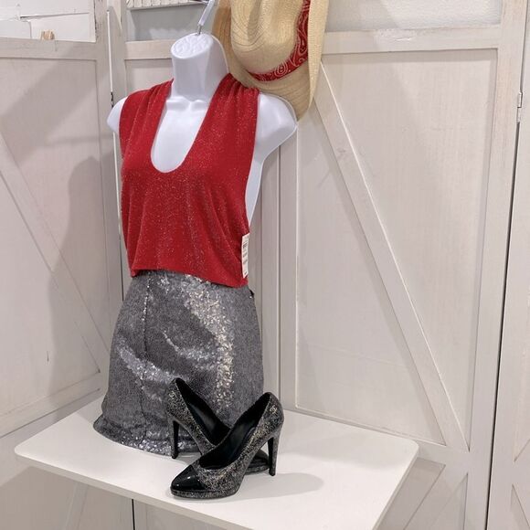 Bar lll Holiday Party Cherry On Top Red With Metallic Silver Stitch Halter Top - Picture 13 of 14